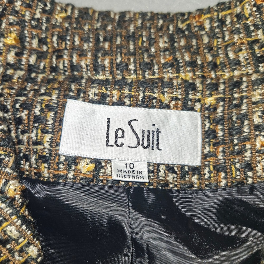 Le Suit VTG Style Tweed Blazer Skirt Set Brown Gold Plaid Sz 10 - Picture 4 of 14